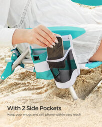 Songmics Folding Beach Chair, Portable Outdoor Chair, Backrest, Headrest, Armrests, Side Pockets, Green And White - thumbnail 3