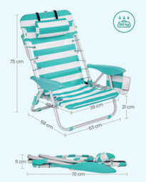 Songmics Folding Beach Chair, Portable Outdoor Chair, Backrest, Headrest, Armrests, Side Pockets, Green And White - thumbnail 2