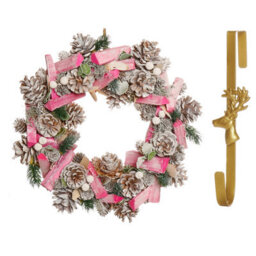 Dibor 33Cm Pastel Pink Driftwood Front Door Christmas Wreath With Deer Wreath Hanger