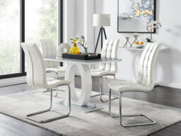 Furniturebox Giovani Rectangular 4 Seat White High Gloss Unique Halo Base Dining Table Grey Glass Top 4 White Faux Leather Murano Chairs - thumbnail 1