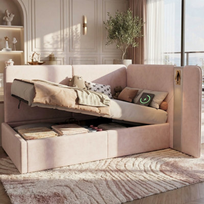 Matteo Pink Velvet Upholstered Daybed With Hydraulic Storage, Reading Lamp & Usb - image 1