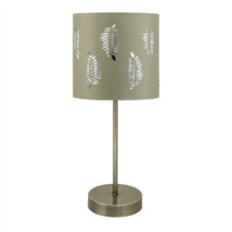 First Choice Lighting Antique Brass Stick Table Lamp With Sage Green Fern Shade