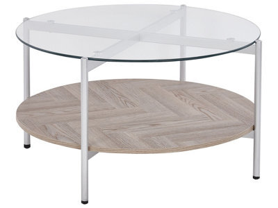 Wyld And Coco Silver Round Coffee Table With Tempered Glass Top And Wood-Knot Shelf 80 Cm - image 1