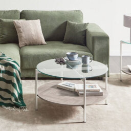 Wyld And Coco Silver Round Coffee Table With Tempered Glass Top And Wood-Knot Shelf 80 Cm - thumbnail 2