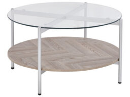 Wyld And Coco Silver Round Coffee Table With Tempered Glass Top And Wood-Knot Shelf 80 Cm - thumbnail 1