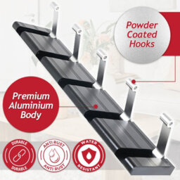 Spares2Go Luxury Wall Mounted Coat Rack 5 Hooks Aluminium Retractable Hanging Hook Rail (Black + Silver) - thumbnail 4