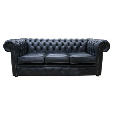 Chesterfield 3 Seater Cracked Wax Jet Black Leather Sofa Settee In Classic Style - image 1