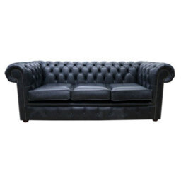 Chesterfield 3 Seater Cracked Wax Jet Black Leather Sofa Settee In Classic Style - thumbnail 1