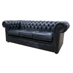 Chesterfield 3 Seater Cracked Wax Jet Black Leather Sofa Settee In Classic Style - thumbnail 2