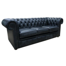 Chesterfield 3 Seater Cracked Wax Jet Black Leather Sofa Settee In Classic Style - thumbnail 3
