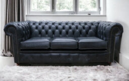 Chesterfield 3 Seater Cracked Wax Jet Black Leather Sofa Settee In Classic Style - thumbnail 4