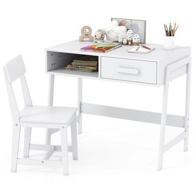 Gainoom White Kids Desk And Chair Set Wooden Study Desk Set W/ Drawer - image 1