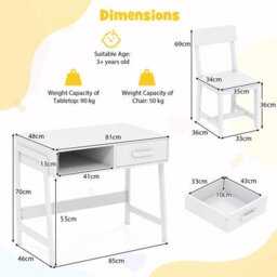 Gainoom White Kids Desk And Chair Set Wooden Study Desk Set W/ Drawer - thumbnail 2