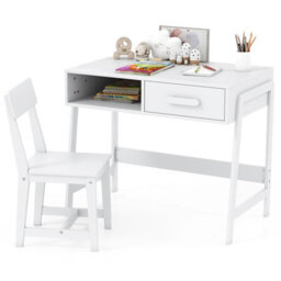 Gainoom White Kids Desk And Chair Set Wooden Study Desk Set W/ Drawer