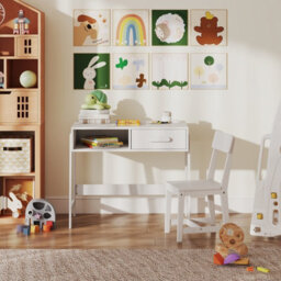 Gainoom White Kids Desk And Chair Set Wooden Study Desk Set W/ Drawer - thumbnail 4