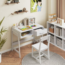Gainoom White Kids Desk And Chair Set Wooden Study Desk Set W/ Drawer - thumbnail 3