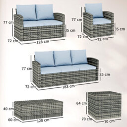 Outsunny 6 Pcs Patio Rattan Sofa Set Conversation Furniture Grey - thumbnail 3