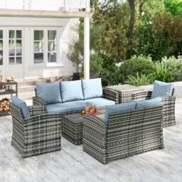 Outsunny 6 Pcs Patio Rattan Sofa Set Conversation Furniture Grey - thumbnail 8