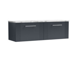 Nuie Deco Wall Hung 2-Drawer Vanity Unit & Carrera Marble Laminate Worktop, Counter Top Vanity Unit In Soft Black, 1200mm