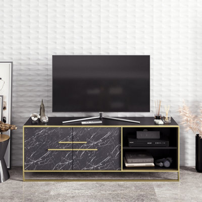 Decorotika Polka Tv Stand Tv Unit For Tvs Up To 72 Inch Black Marble Effect And Black - image 1