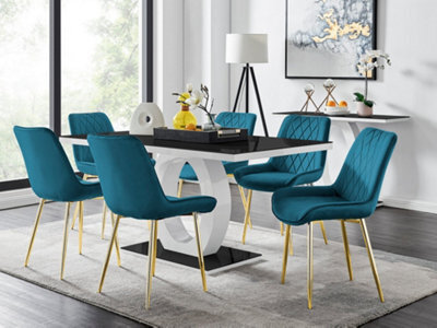 Furniturebox Giovani Rectangular 6 Seat White High Gloss Unique Halo Base Dining Table Black Glass Top 6 Blue Velvet Gold Leg Pesaro Chairs - image 1
