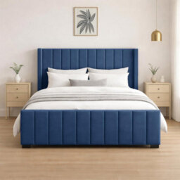 Naples Upholstered Navy Vertical Line Single Bed Frame, Modern Luxury Floor-Standing Headboard & Footboard - thumbnail 1
