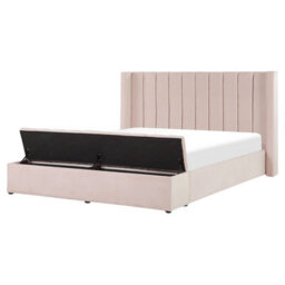 Beliani Bed With Storage Bench Velvet Noyers 160 X 200 Cm (Eu King Size) Pastel Pink - thumbnail 1