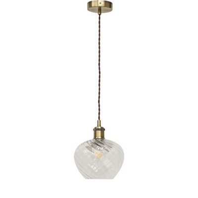 First Choice Lighting Bradson - Clear Swirl Glass Antique Brass Retro Pendant Fitting - image 1