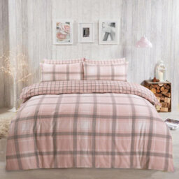 OHS Brushed Cotton Tartan Duvet Cover Pillowcase Set Aspen Check, Blush - King