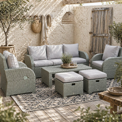 Wyld Haus Tanette Light Grey 7-Seater Rattan Outdoor Sofa Set With 2 Reclining Armchairs And 2 Footstools - image 1