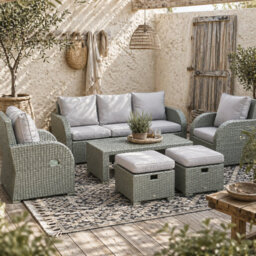 Wyld Haus Tanette Light Grey 7-Seater Rattan Outdoor Sofa Set With 2 Reclining Armchairs And 2 Footstools - thumbnail 1