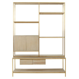 Orsina Iron Framed Shelf Unit For Study Room,bookcase Storage Unit,gold Finished Display Unit,oak Wood Shelf Unit