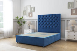 "Sloomy Mayfair Navy Plush Divan Bed Base 2 Drawers Foot-End With 54"" Floor Standing Headboard 4'6 Double"