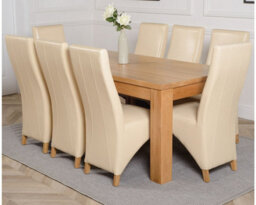 That's Furniture Dakota 182 X 92 Cm Chunky Oak Large Dining Table And 8 Chairs Dining Set With Lola Ivory Leather Chairs