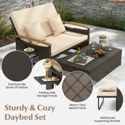 Costway Outdoor Sun Lounger Daybed Rattan Woven Loveseat Ottoman Set W/ Adjustable Backrest-Beige - thumbnail 9