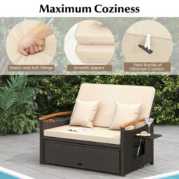 Costway Outdoor Sun Lounger Daybed Rattan Woven Loveseat Ottoman Set W/ Adjustable Backrest-Beige - thumbnail 8