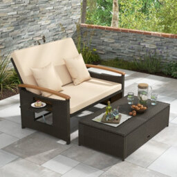 Costway Outdoor Sun Lounger Daybed Rattan Woven Loveseat Ottoman Set W/ Adjustable Backrest-Beige