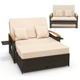 Costway Outdoor Sun Lounger Daybed Rattan Woven Loveseat Ottoman Set W/ Adjustable Backrest-Beige - thumbnail 2