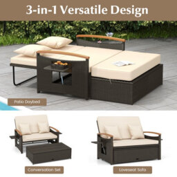 Costway Outdoor Sun Lounger Daybed Rattan Woven Loveseat Ottoman Set W/ Adjustable Backrest-Beige - thumbnail 5
