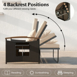 Costway Outdoor Sun Lounger Daybed Rattan Woven Loveseat Ottoman Set W/ Adjustable Backrest-Beige - thumbnail 6
