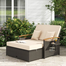 Costway Outdoor Sun Lounger Daybed Rattan Woven Loveseat Ottoman Set W/ Adjustable Backrest-Beige - thumbnail 4