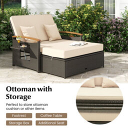 Costway Outdoor Sun Lounger Daybed Rattan Woven Loveseat Ottoman Set W/ Adjustable Backrest-Beige - thumbnail 7