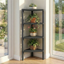 4-Tier Corner Shelf Stand With Slatted Shelves Modern Display Rack Black - thumbnail 3