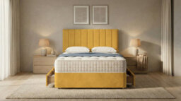 Adore Designs Portland Plush Velvet Divan Bed, Headboard - 4Ft6 Double - Turmeric - 2 Drawers Foot End - thumbnail 2