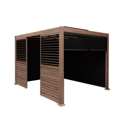 MonsterShop Metal Pergola 3M X 3M Wood Effect With 3 Retractable Mesh Blinds 2 X Louvre Side Panels & Led Lights Tilting Canopy Roof Aluminium - image 1