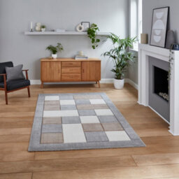 Grey Beige Modern Bordered Chequered Geometric Rug For Dining Room-120Cm X 170Cm - thumbnail 1