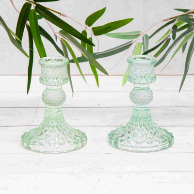 Annibells 2 X Vintage Green Glass Harlequin Candlestick Holders (10956) - image 1