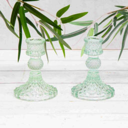 Annibells 2 X Vintage Green Glass Harlequin Candlestick Holders (10956) - thumbnail 1