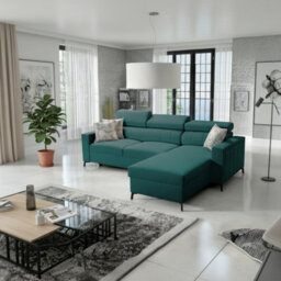 Baltico Mini Compact Corner Sofa Adjustable Headrests Pull Out Guest Bed Contemporary L Shaped Fabric Couch Green Right