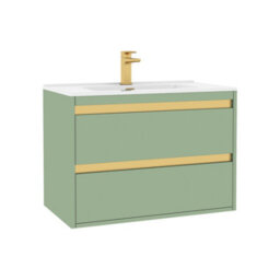 Royal Bathrooms Orion 800mm Mint Sage 2 Drawer Wall Hung Vanity Unit With Ceramic Basin & Brushed Brass Strip - thumbnail 7